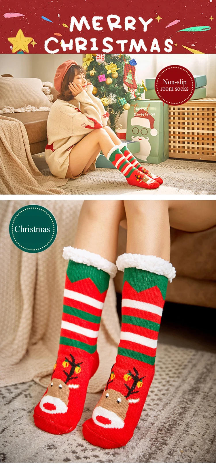 Description Picture 3 of itemFuzzy Thermal Sock Women Winter Funny Panda Cute Kawaii Non Slip Cartoon Sleeping Soft Female Floor Slippers Sock Christmas Gift