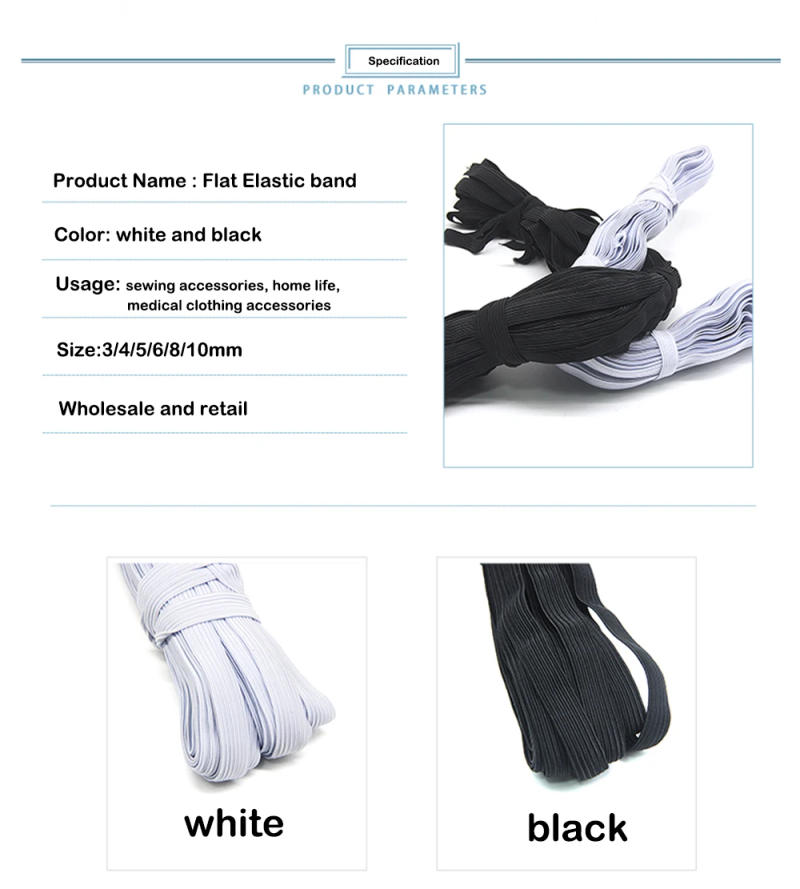 Description Picture 3 of item3/4/5/6/8/10mm Flat Knitted Elastic Band White Black Polyester Sewing Stretch rope Elastic Rubber DIY Garment mask Accessories