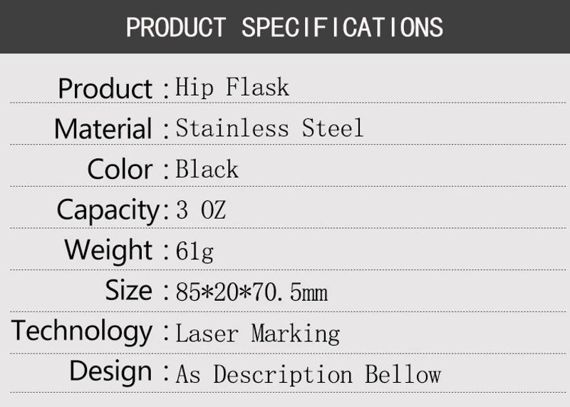 Description Picture 2 of item3 OZ Stainless Steel Black Mini Hip Flask Alcohol Bottle Drinking Gift For Man Personalized LOGO Custom Made Laser Engraving
