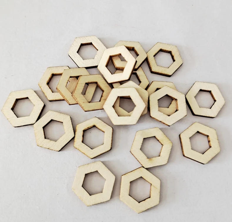 Description Picture 4 of item100pcs Unfinished Wood Hexagon Natural Unpainted Wood Hexagon Cutout Shape Wood Hexagon Slices Embellishments Ornaments