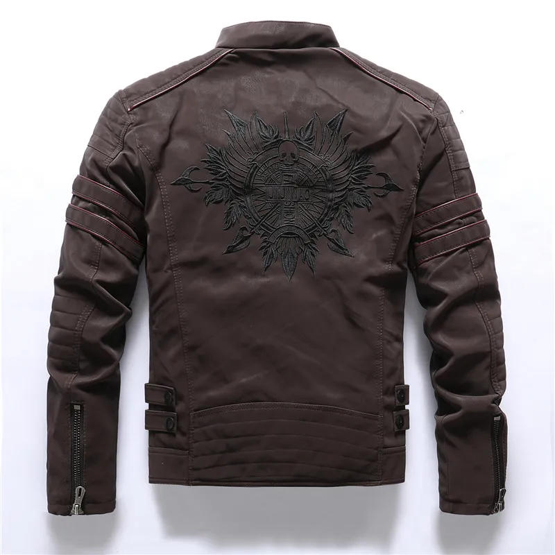 Description Picture 3 of itemBack Skull Embroidery Motorcycle Faxu Leather Jackets Men Fashion Fleece Warm PU Leather Jackets and Coats Autumn Winter Outwear