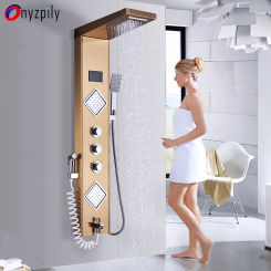 Onyzpily Golden Shower Panel  Rain Waterfall Tower Shower Column Massage System Shower Set Multifunction Outlet Water 6 Waterway