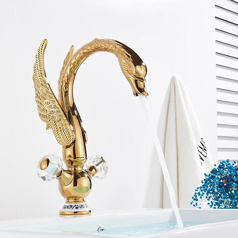 Description Picture 5 of itemGolden Luxury Swan Basin Faucet Deck Mounted Bathroom Faucet Hot and Cold Crane Mixer Tap Bath Water Faucet Basin Sink Taps