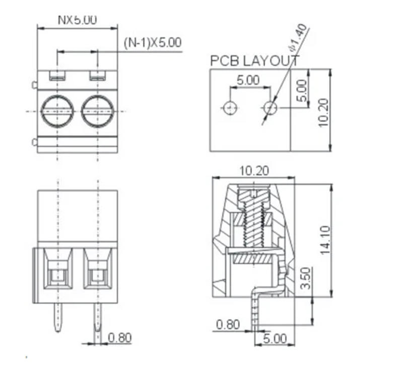 Description Picture 3 of item10PCS/LOT Terminals KF128-5.08-2P/3p KF128-2P 300V 10A Screw 2Pin 5.0mm Straight Pin PCB Screw Terminal Block Connector 22-12AWG