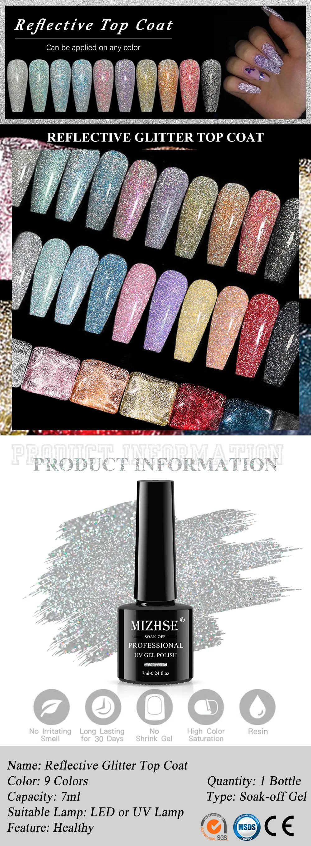 Description Picture 2 of itemMIZHSE 7ML Reflective Top Coat Gel Nail Polish Shiny Glitter Vernis Semi Permanent Varnish Nail Gel Polish for Manicure Nail Art