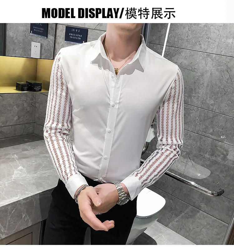 Description Picture 5 of item2021 New Men Lace Perspective Shirt Party Prom Hollow Lace Patchwork Long Sleeve Tuxedo Shirt Nightclub Casual Social Shirt