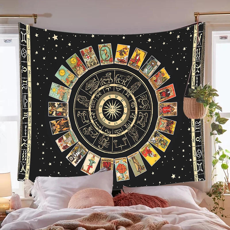 Description Picture 4 of itemMandala Tarot Card Tapestry Wheel of the Zodiac Astrology Chart & the Major Arcana Tarot Sun and Moon Wall Hanging Home Decor
