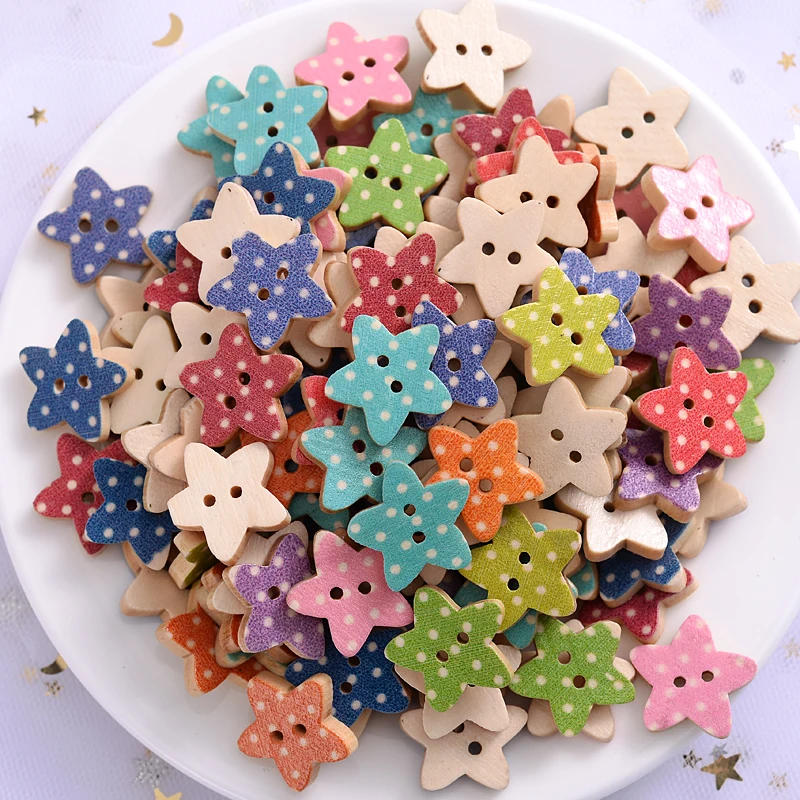 Description Picture 3 of item50Pcs Five-Pointed Star Shape Wooden Sewing Buttons Cute Mixed Color Dot Pattern Button For DIY Dolls Crafts Garment Accessories