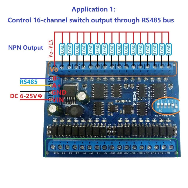 Description Picture 4 of itemDC 12V 24V 16 Input 16 Output RS485 Remote Control Switch PLC IO expansion Board 03 06 16 Modbus RTU Module