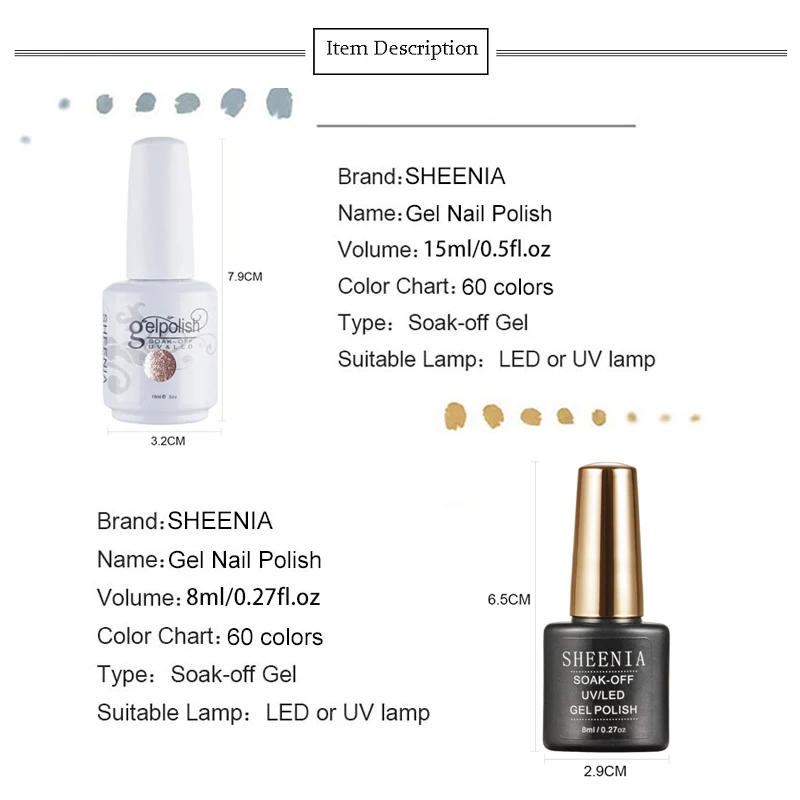 Description Picture 6 of itemANLYLAN 15ML Gel Nail Polish Glitter For Manicure set nail art Semi platium UV LED Lamp Nail varnishes Base top coat Gel lacquer