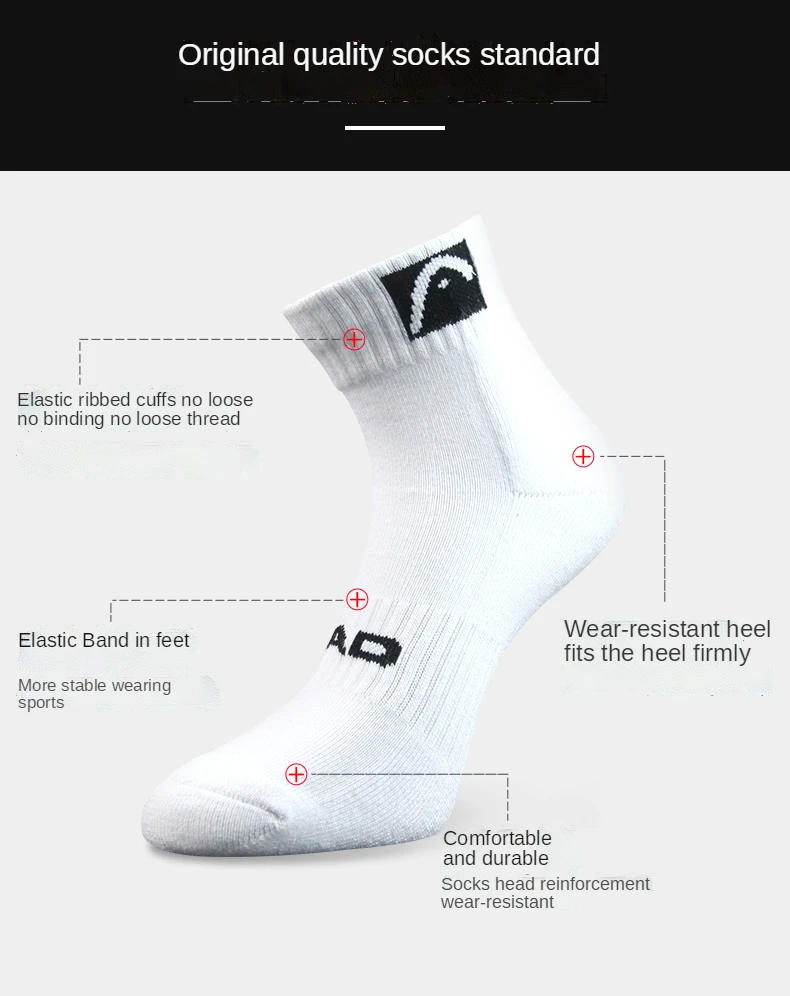 Description Picture 6 of item3 Pairs HEAD Socks Sport mid Sock men female badminton tennis cotton Towel Bottom Socks basketball tennis 25-28cm