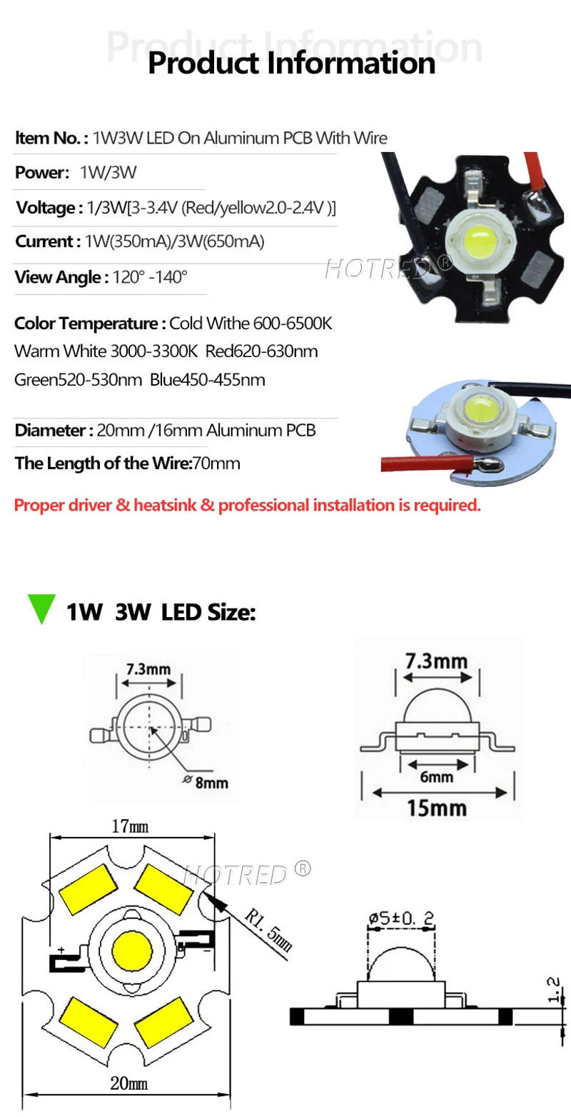 Description Picture 5 of item5pcs High Power LED COB Chip 1W 3W With Wire Cool White Red Blue Green Yellow Full Spectrum 660nm440nm For Grow Light Aquarium