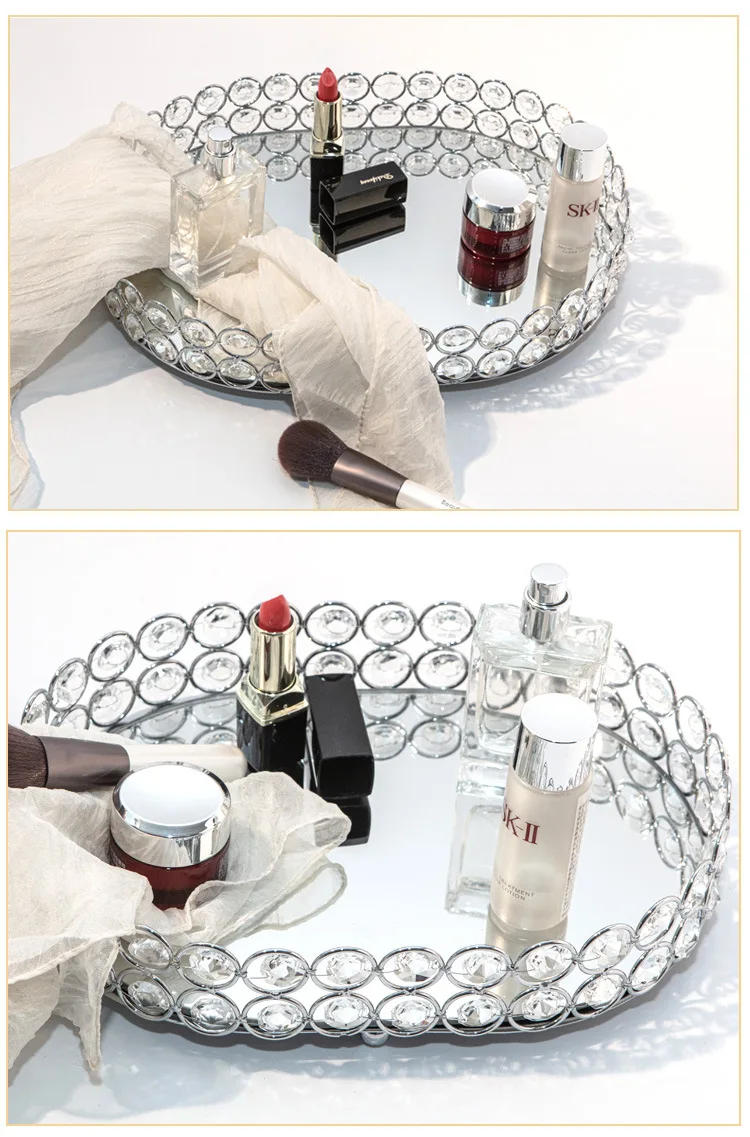 Description Picture 3 of itemGolden Crystal Mirror Tray Jewelry Storage Box Glass Mirror Cosmetic Rack Desktop Storage Organizing Dishes Wedding Fruit Dish