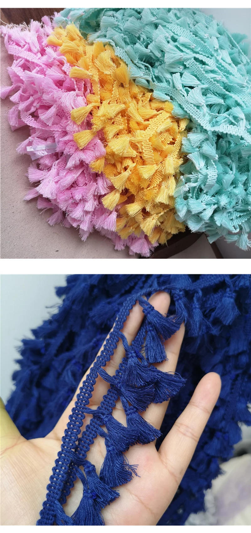 Description Picture 5 of item2/5/10Yards DIY Polyester Cotton Fringe Lace Tassel Trimming Colorful Ribbon Garment Sewing Dress Accessory Curtain Decorative