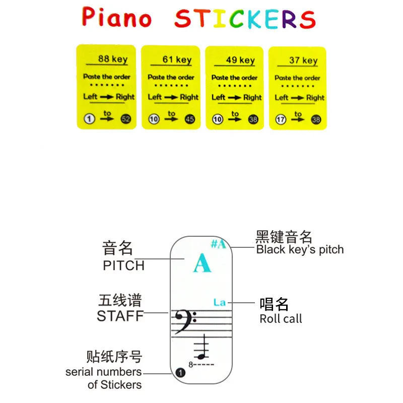Description Picture 5 of itemColourful Transparent piano keyboards sticker Removable Piano Stickers 49/61/76/88 Key Stave Note Sticker Symbol for beginners