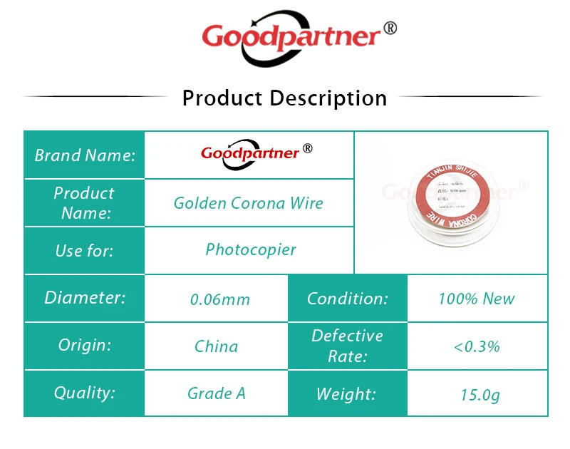 Description Picture 2 of item1X Goodpartner Printer Copier Parts 0.06mm Golden CORONA WIRE Electrode Tungsten Wire for Kyocera Samsung Xerox HP Canon Ricoh