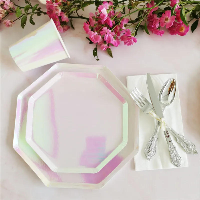 Description Picture 4 of itemReflective Rainbow Disposable Tableware Sets Paper Plates Cups Iridescent Wedding Birthday Party Decor Rainbow Party Supplies