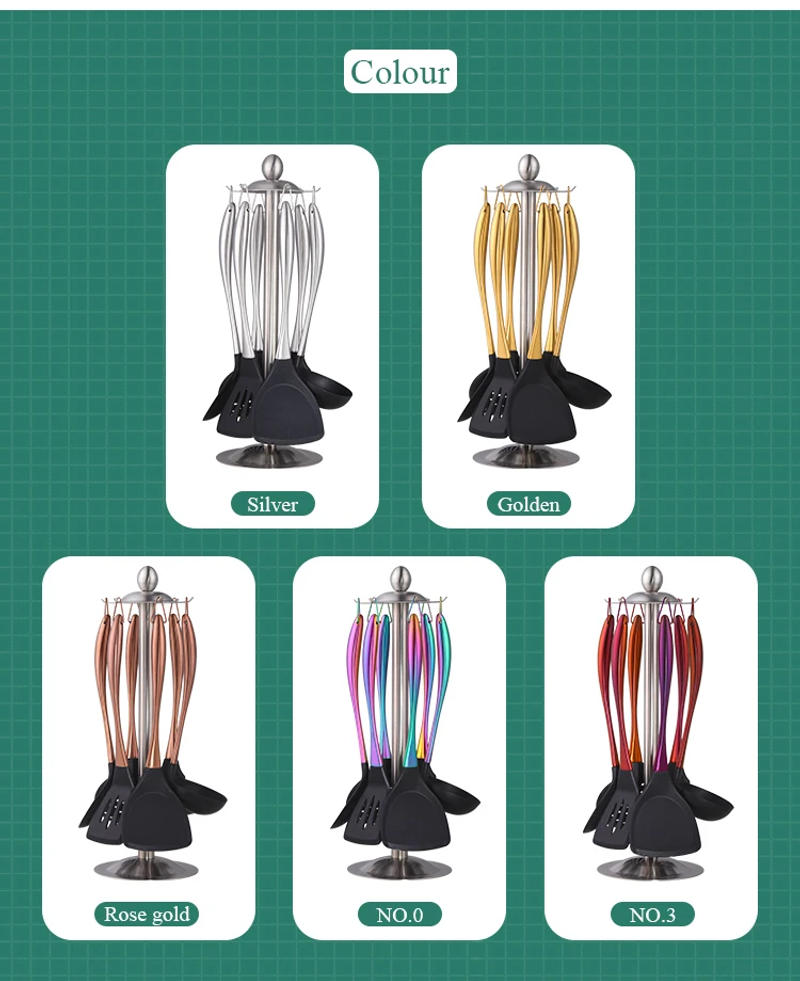 Description Picture 6 of itemGold Cooking Tool Set Silicone Head Kitchenware Stainless Steel Handle Soup Ladle Colander Set Turner Serving Spoon Kitchen Tool