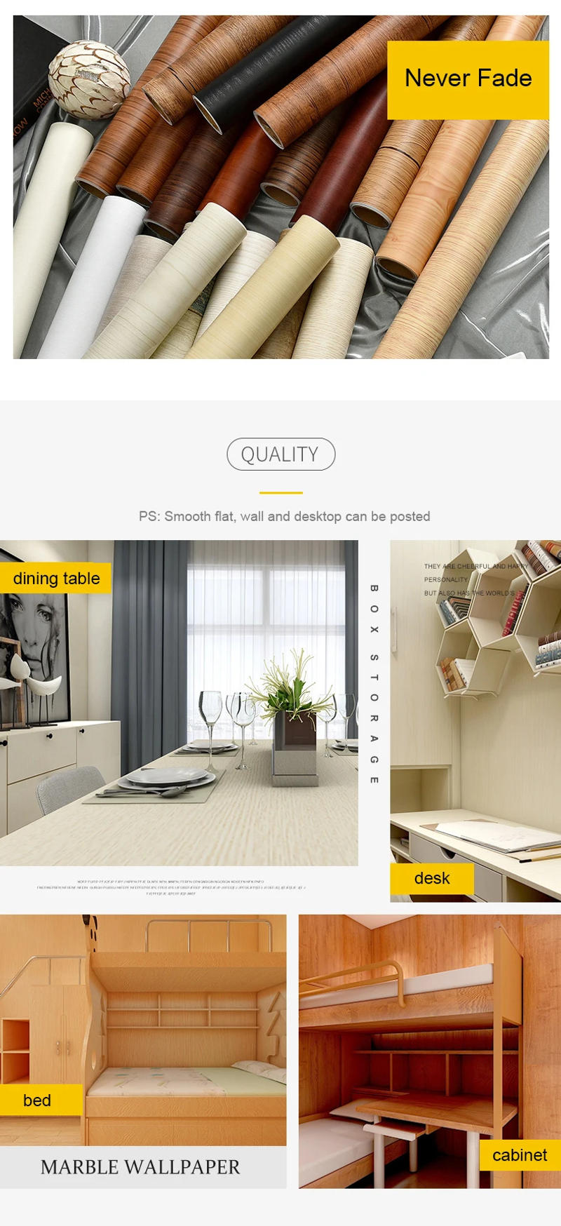 Description Picture 4 of itemYUNPOINT Wood Grain Self-Adhesive PVC Wallpaper Tabletop Renovation Stickers Bedroom Wardrobe Cabinet Waterproof Decorative Film