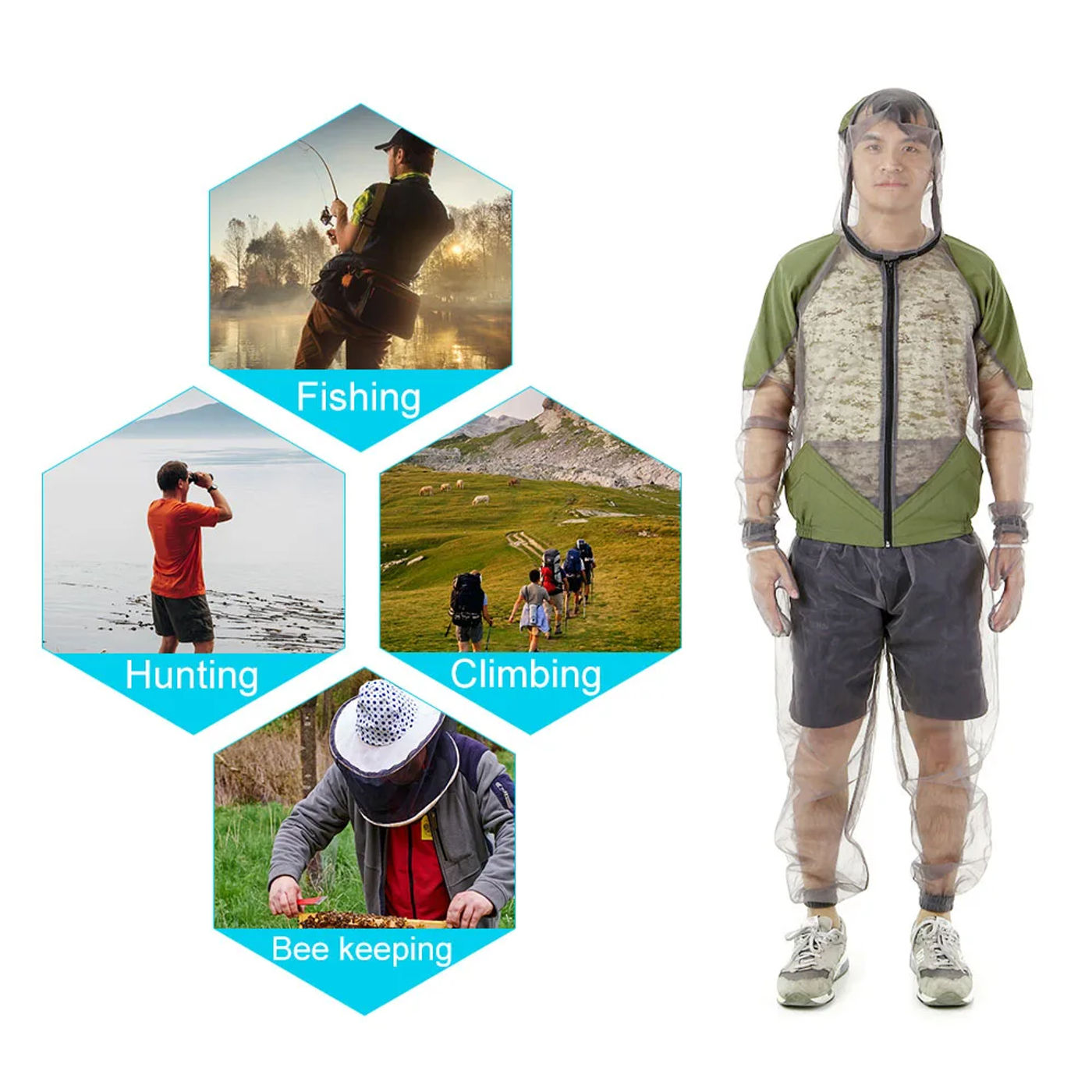 Description Picture 6 of itemOutdoor Mosquito Repellent Suit Mesh Hooded Suits Fishing Hunting Camping Clothes Insect Protective Mesh Shirt Gloves Pants Set