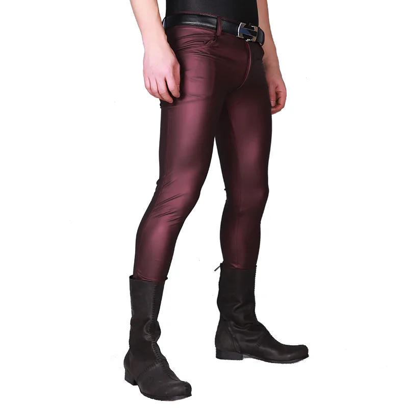 Description Picture 6 of itemWine Red Black Faux Leather Men Pants Skinny Casual Trousers Punk Rock Pencil Pants Stretch Tight Leggings Stage Show Clubwear