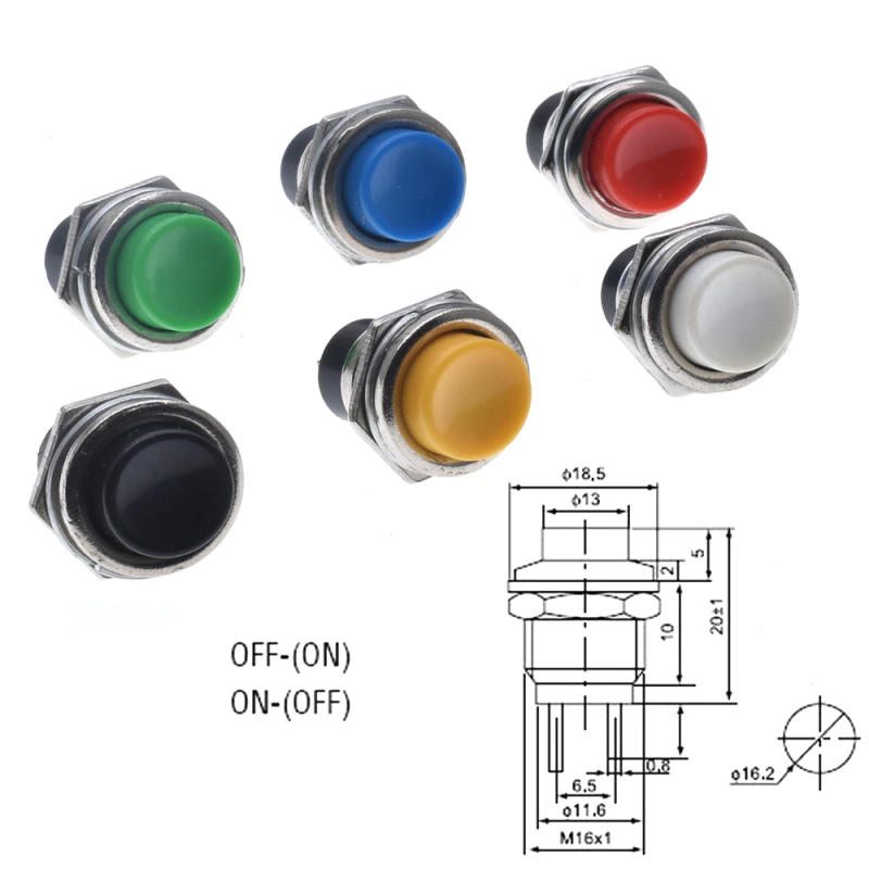 Description Picture 6 of item5PCS DS-212 Momentary OFF-(ON) 16mm Red/Gray/Green/White/Black/Blue/Yellow Round Cap Push Button Switch AC 125V 3A Power button
