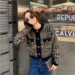 Sweater Cardigan Women Autumn And Winter 2023 Fashion New Round Neck Long-sleeved Color Matching Knitted Jacket All-match
