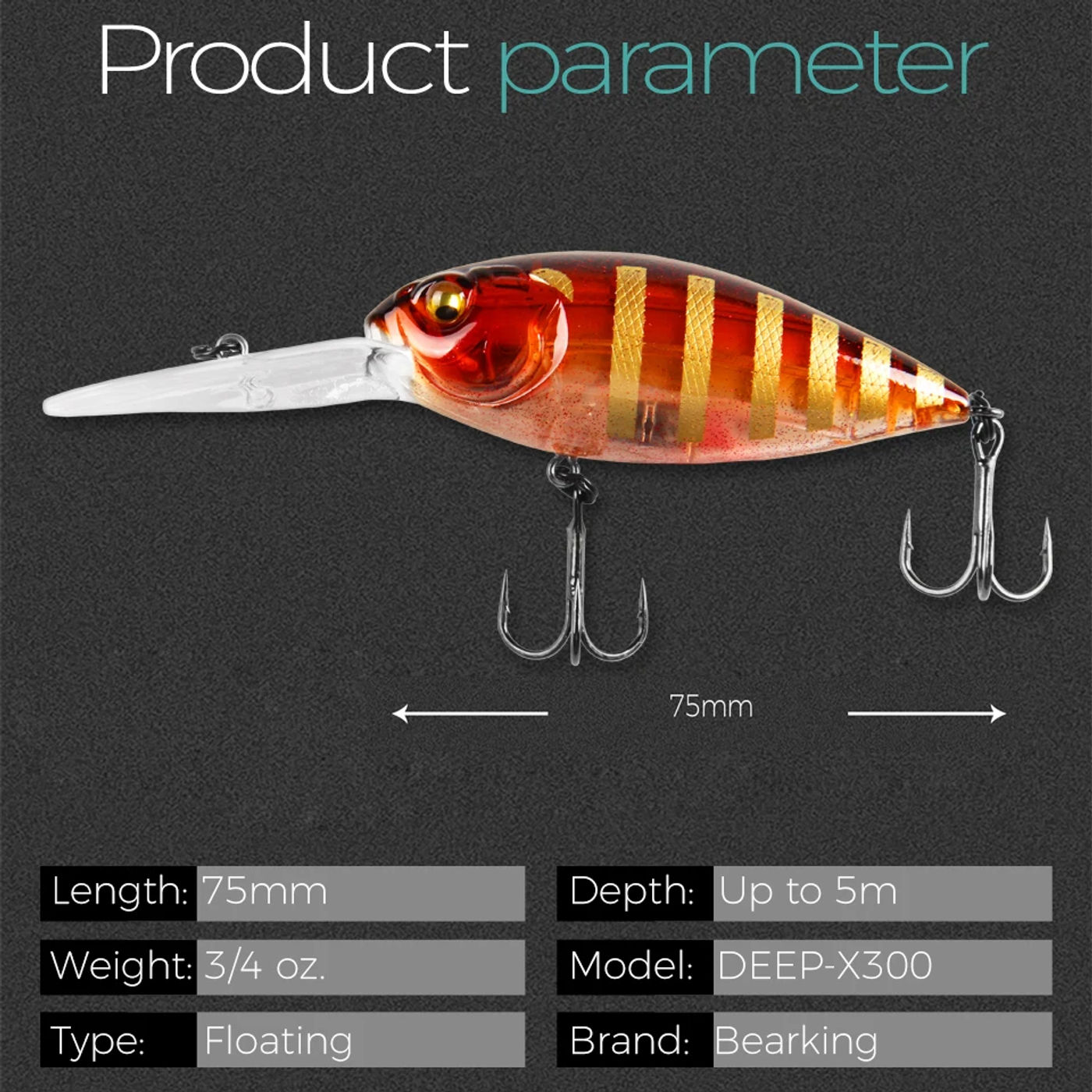 Description Picture 3 of itemBEARKING 75mm 23g TOP Fishing lures floating crank bait deep diver bait lure High Quality Hard Baits professional Action Wobbler