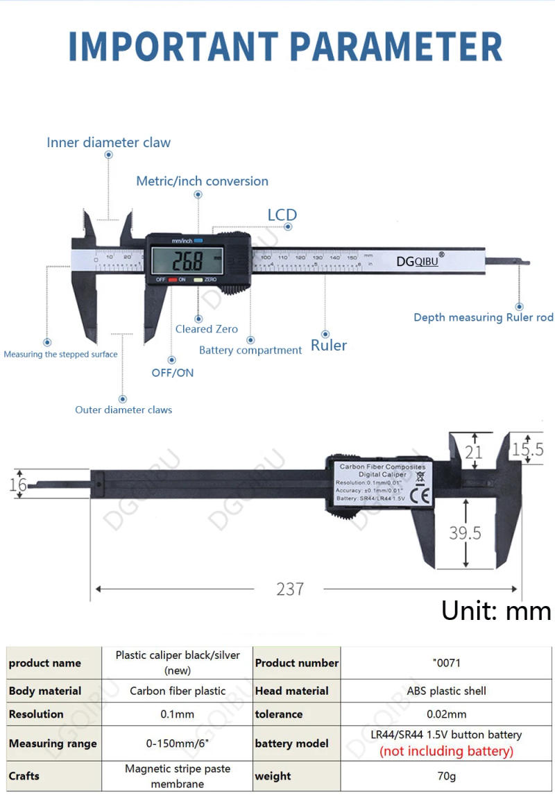 Description Picture 5 of itemDigital Vernier Calipers Measure 150mm 6inch LCD Electronic Carbon Fiber Gauge Height Measuring Instruments Micrometer
