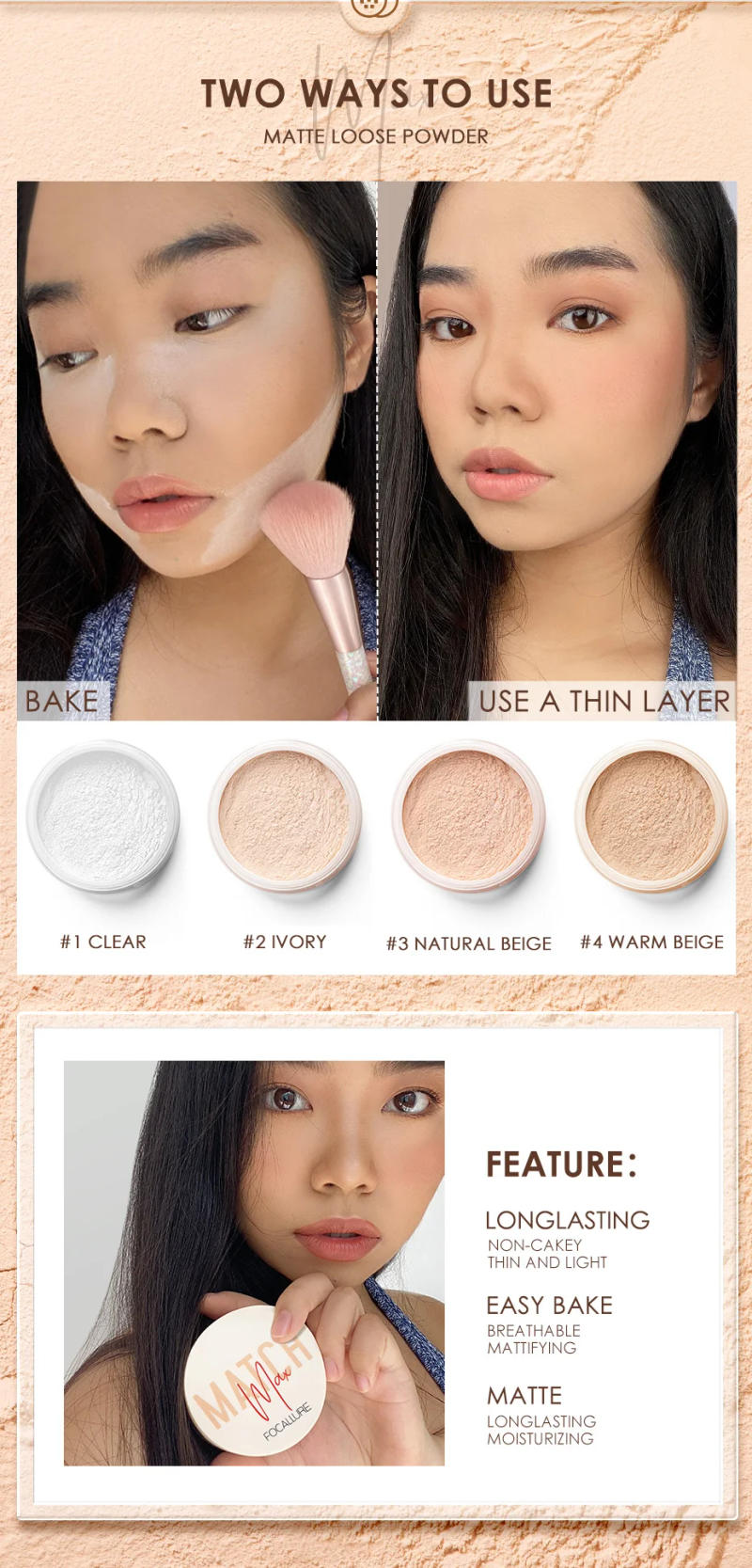 Description Picture 3 of itemFOCALLURE 4 Colors Face Loose Powder Waterproof Matte Setting Finish Makeup Oil-control Professional Women’s Cosmetics Wholesale