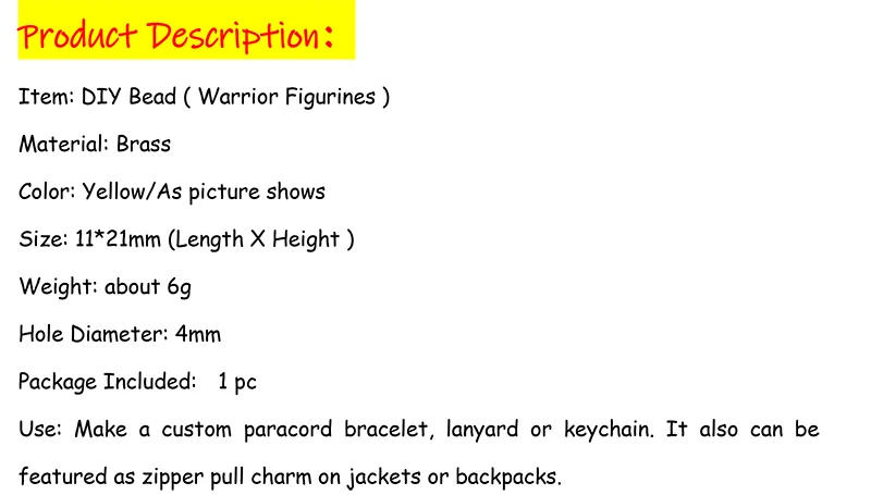Description Picture 2 of itemArmor Warrior EDC DIY Knife Beads Lanyard Pendants Vintage Color Brass Outdoor Tools Metal Copper Soldiers Paracord Accessories