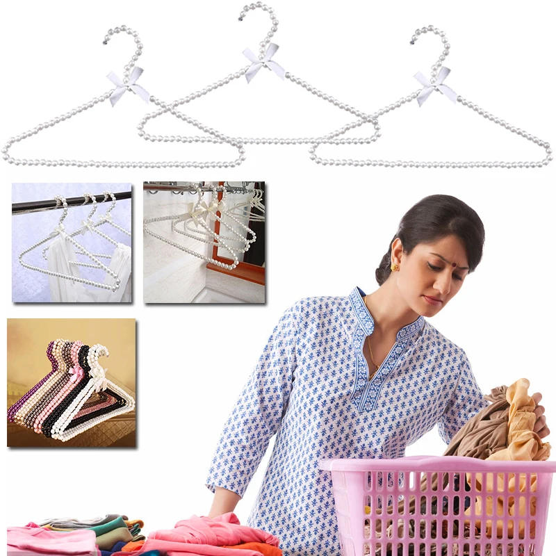 Description Picture 3 of item1/2pcs Plastic Pearl Beaded Bow Clothes Dress Coat Hangers Wedding For Kid Children Save-Space Storage Organizer Dry Rack