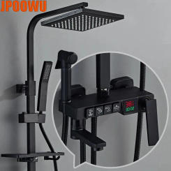 Black Digital Shower System Faucet Set Bathroom Hot Cold Mixer Thermostatic Showers Tap Wall Mount SPA Rainfall Bathroom Faucets