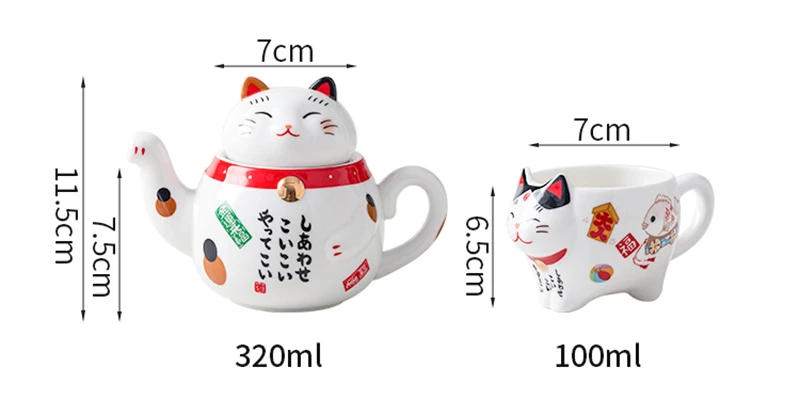 Description Picture 3 of itemCute Japanese Lucky Cat Porcelain Tea Set Creative Maneki Neko Ceramic Tea Cup Pot with Strainer Lovely Plutus Cat Teapot Mug