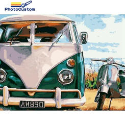 PhotoCustom Green Bus Landscape Painting By Numbers Kits For Adults HandPaint Acrylic Paint Coloring On Canva Living Room Decor
