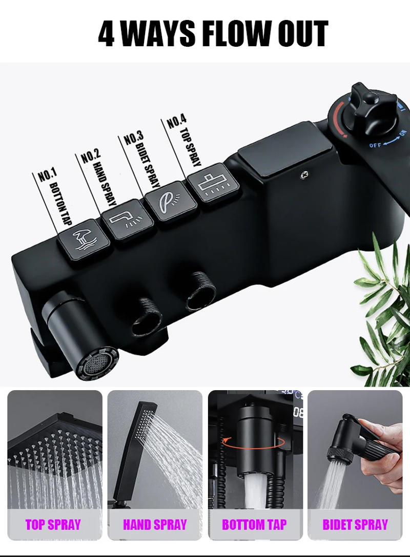 Description Picture 6 of itemBlack Digital Shower System Faucet Set Bathroom Hot Cold Mixer Thermostatic Showers Tap Wall Mount SPA Rainfall Bathroom Faucets