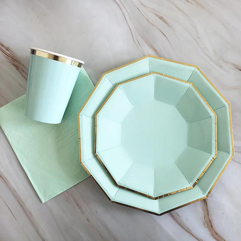 Description Picture 3 of itemMint Green Gold Striped Party Disposable Tableware Napkins Paper Straw Cup Plates Birthday Wedding Decoration Party Supplies