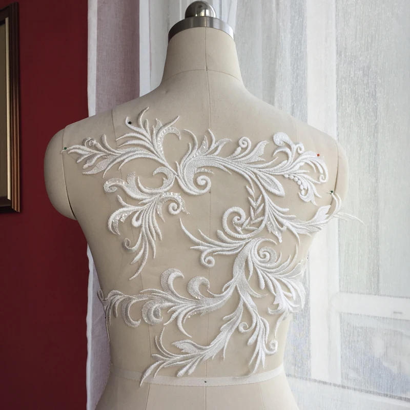 Description Picture 3 of itemBridal White Lace Applique, Embroidery with Sequin Motif Trims, DIY Applique for Wedding Dress