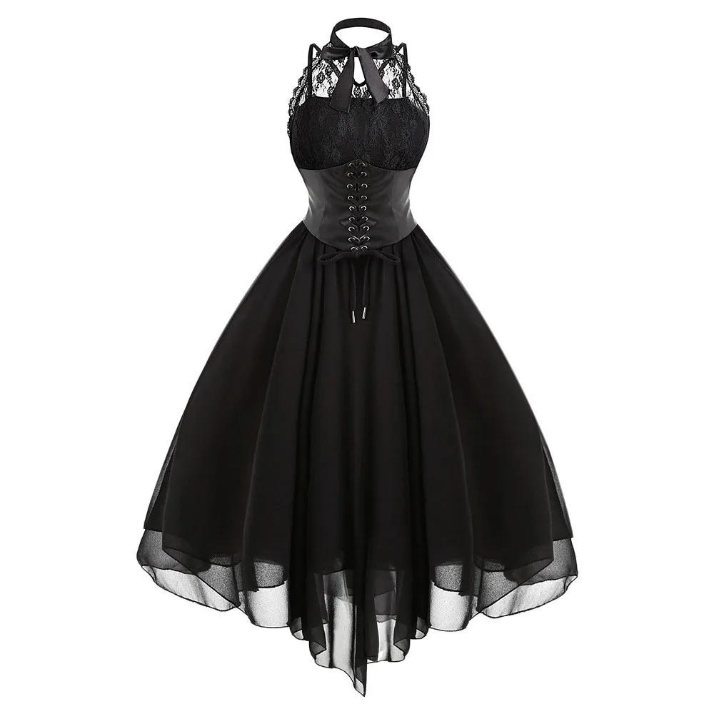 Description Picture 6 of itemWomen Black Gothic Punk Vintage Party Dresses Sleeveless Cross Back Retro Lace Panel Chiffon Solid Corset Swing Dress Vestidos