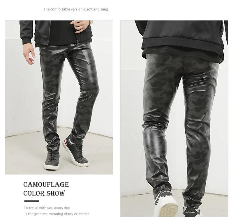 Description Picture 5 of itemIdopy Fashion Men`s Casual Camouflage Faux Leather Pants Stretchy Motorcycle Biker Slim Fit Pencil PU Punk Trousers For Male