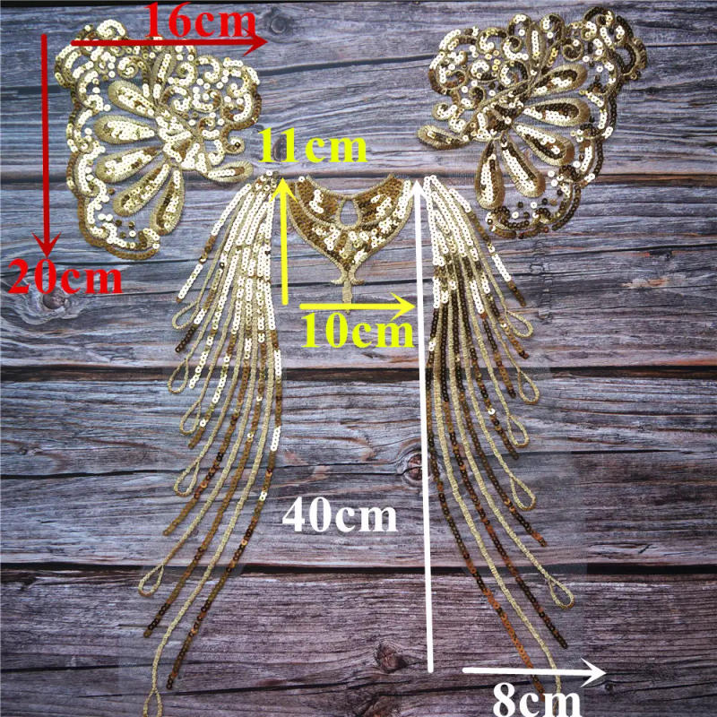 Description Picture 5 of item1 Set Gold Sequin Lace Fabric Noble Gown Appliques Embroidered Tassel Collar Mesh Sew Patch For Wedding Decoration Dress DIY