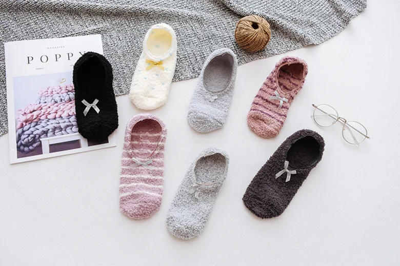 Description Picture 2 of itemFuzzy Cute Coral Fleece Socks Stripe with Bow Home Sleeping Warm Soft Anti-Skid Plush Slipper Socks Fluffy Microfiber Thick Gift