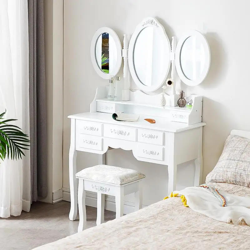 Description Picture 3 of itemDressing Table Stool Bedroom Furniture White Mirror Makeup Table In MDF 7 Drawers 3 Oval Rotatable Mirrors Home Furniture HWC