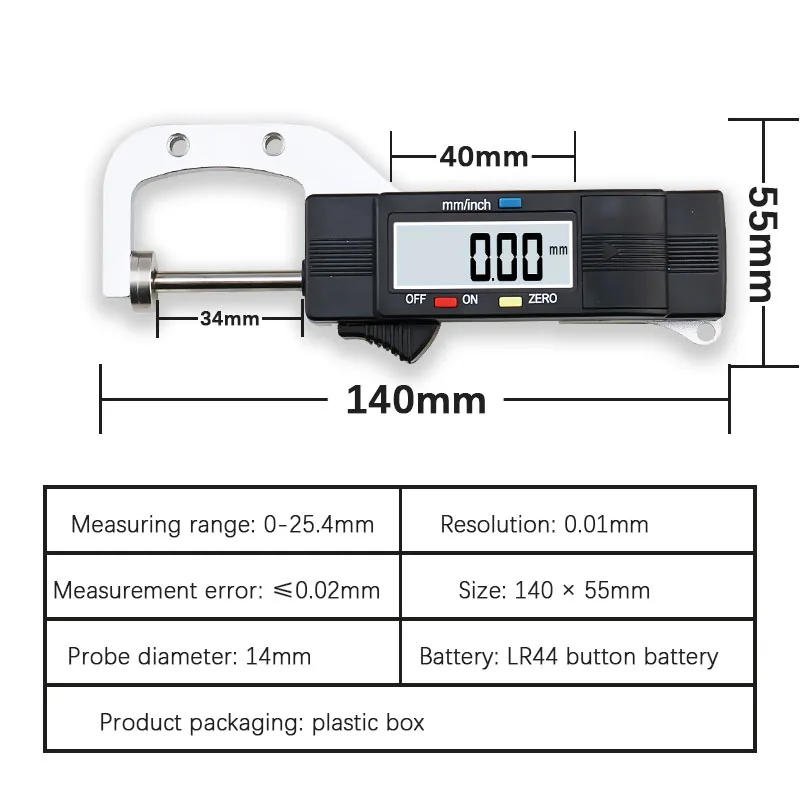 Description Picture 5 of itemDigital Thickness Gauges Mini Portable Horizontal Electronic Thickness Meter Measurement Tool 0-25.4mm Caliper 0.01mm Resolution