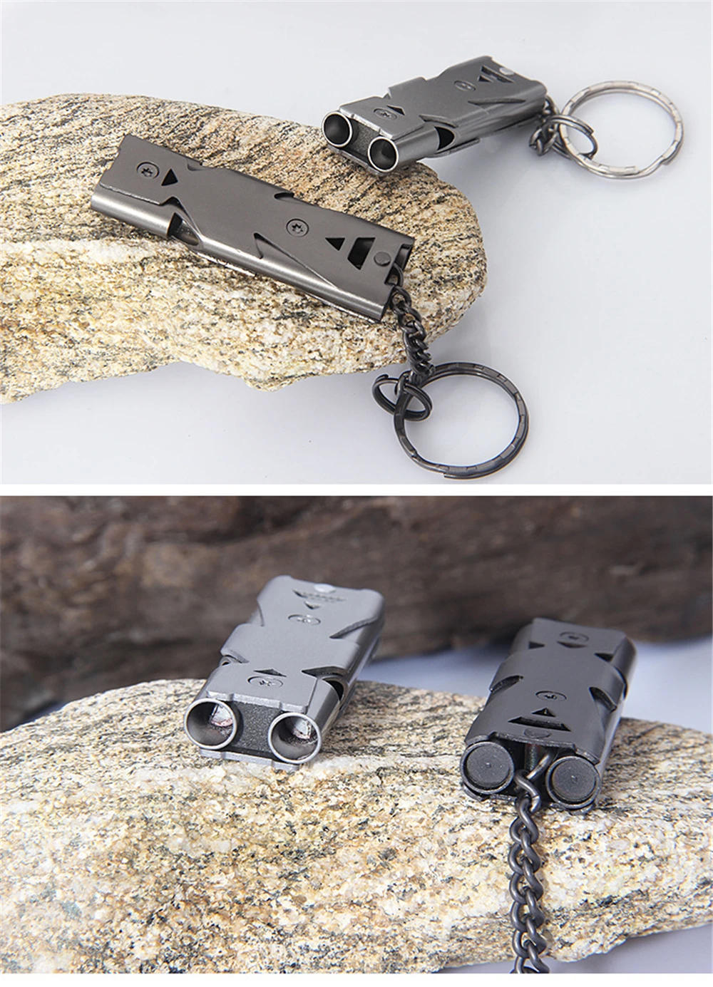 Description Picture 6 of itemOutdoor Survival Whistle High Decibel Double Pipe Whistle Stainless Steel Keychain Cheerleading Emergency Multifunction Tools