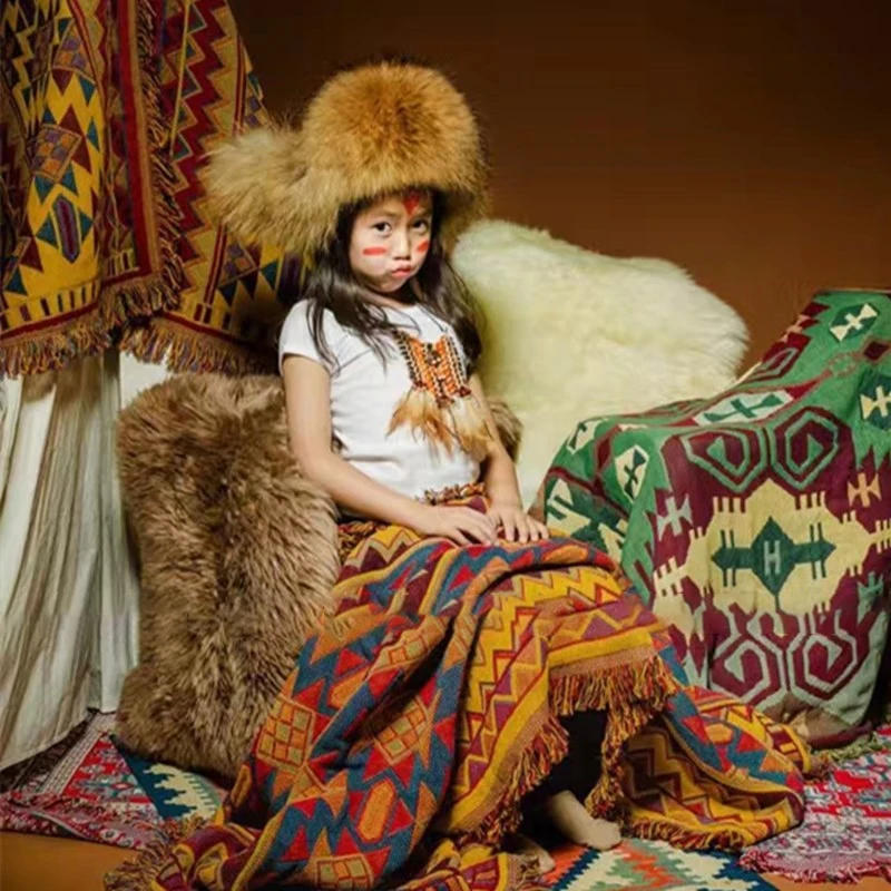 Description Picture 2 of itemRetro Plaid Winter Cotton Linen Woven Line Blanket Sofa Towel Knit Thickened Warm Pad Mat Bohemian Boho Throw Travel Bedspread