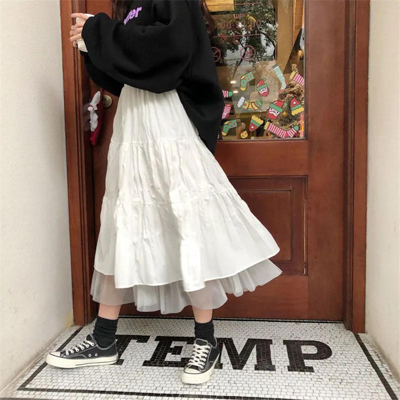 Description Picture 5 of itemLong Tulle Midi Skirts Womens 2022 Autumn Elastic High Waist Mesh Tutu Pleated Skirts Female Black White Long Skirt Streetwear