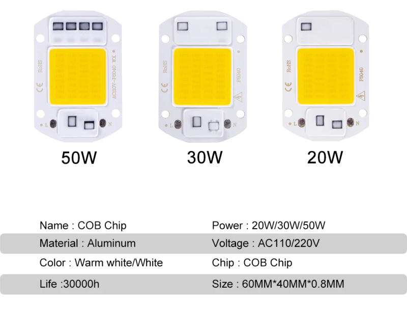 Description Picture 5 of item110V 220V LED Chip 20W 30W 50W COB Chip No Need Driver LED Lamp Beads for Flood Light Spotlight Lampada DIY Lighting F6040