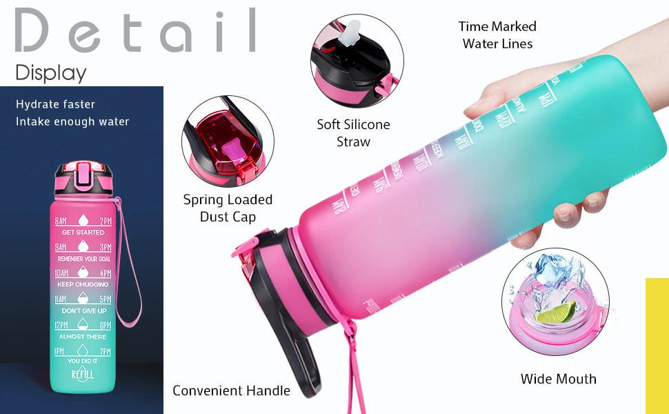 Description Picture 4 of item1Liter Portable Water Bottle with Straw Motivational Sports Water Bottle Leakproof Bottles Drinking Outdoor Travel Fitness Jugs