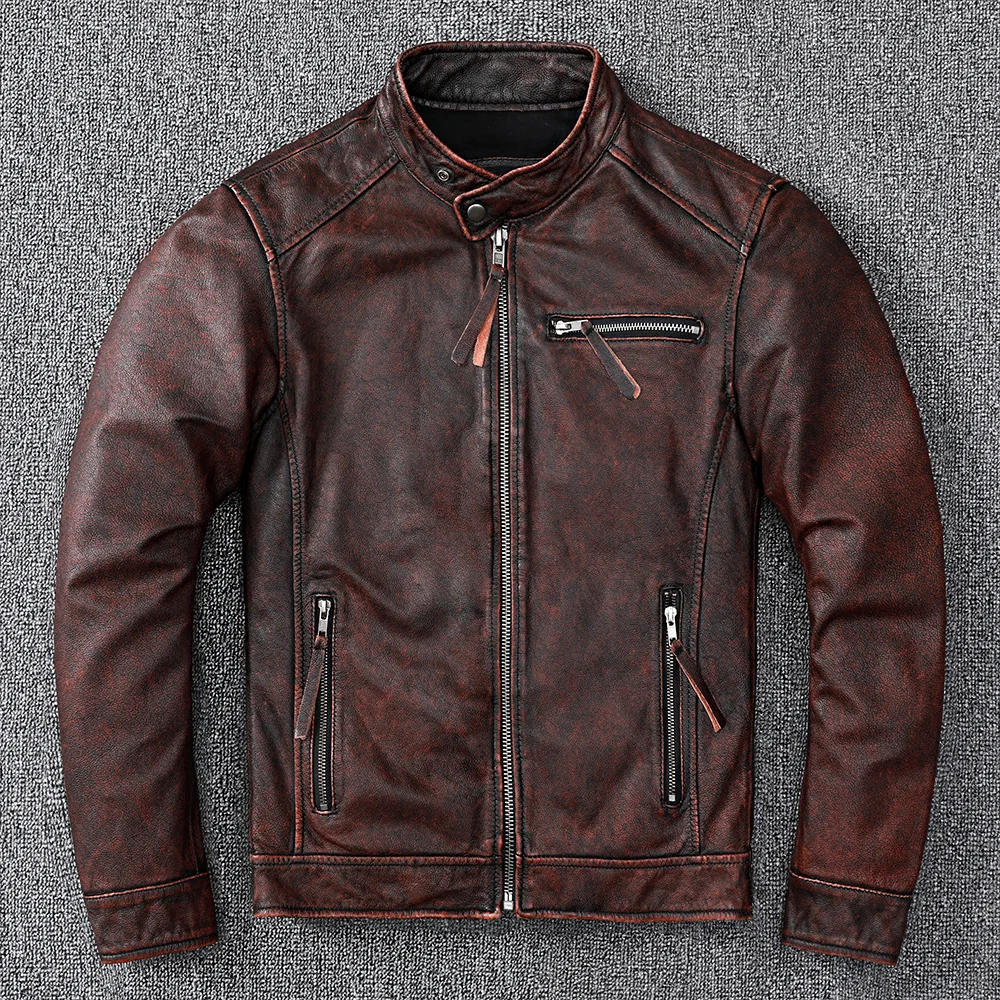 Description Picture 5 of itemVintage Brown Coat Classic Biker Style Short Slim Genuine Leather Jacket Men Casual Leather Coat Asian Size 6XL Autumn Wholesale